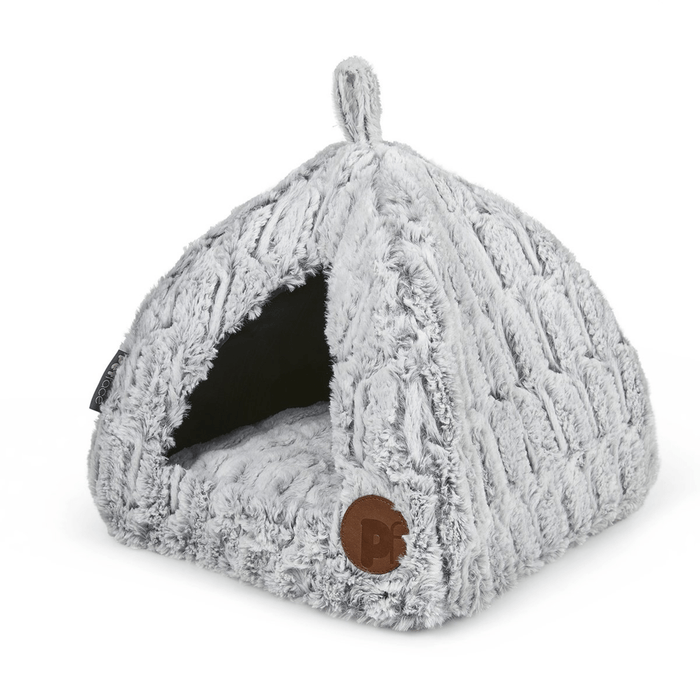 Grey plush igloo pet bed with a brown circle tag with 'PF' written on it on a white background.