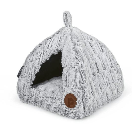 Grey plush igloo pet bed with a brown circle tag with 'PF' written on it on a white background.