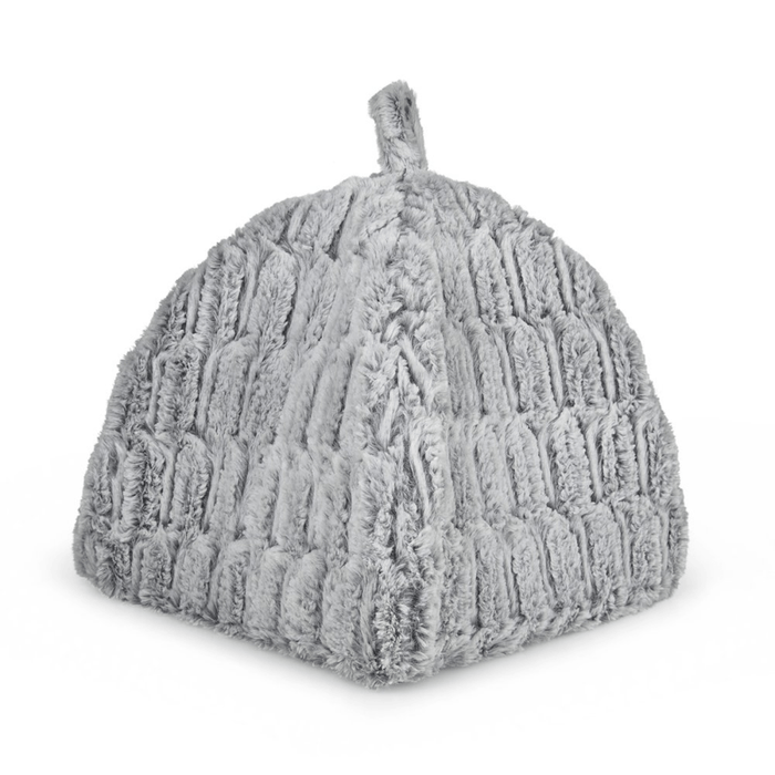 Side view of grey plush igloo pet bed  on a white background.