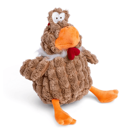 Brown Chicken dog toy with orange beak and feet, red comb and wattle sat on a white back ground.