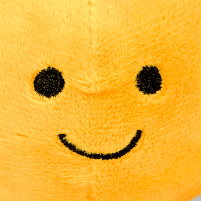 Close up of orange fruit plush toy with green leaf detail and a smiley face.