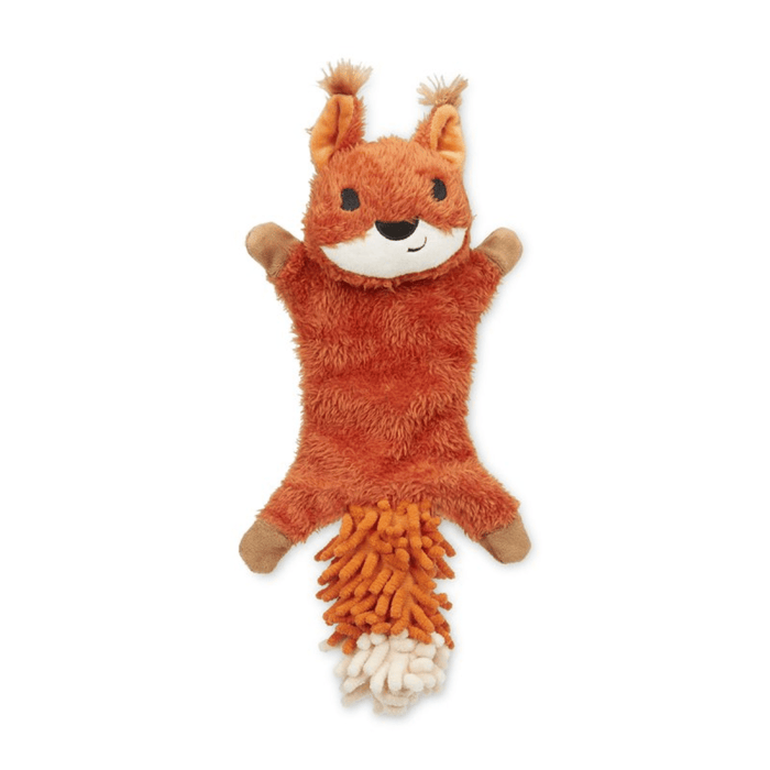 Squirrel dog toy with orange fur and a white chin, tail made out of orange microfibre with a white tip on a white background.