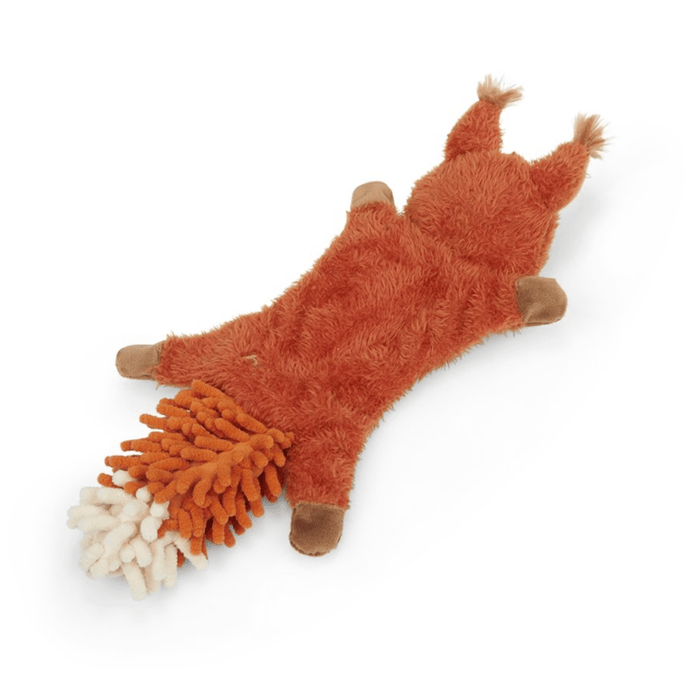 Back view of squirrel dog toy with orange fur, tail made out of orange microfibre with a white tip on a white background.