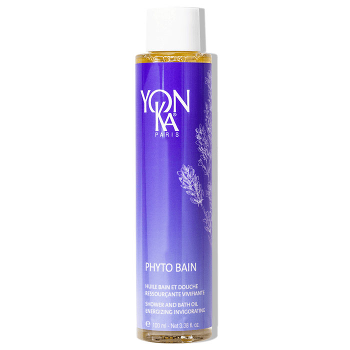 Bottle of Phyto Bain - Invigorating, Relaxing Aromatic Bath I Yon-Ka Paris, a purple skincare product designed for energizing and revitalizing bath and shower use.