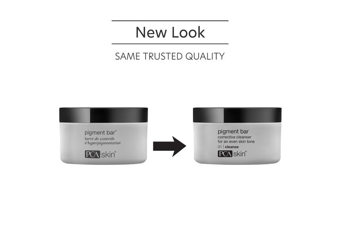 Comparison image showing the new packaging design for Pigment Bar | PCA Skin, highlighting the updated jar with a description for an even skin tone and corrective cleanser.