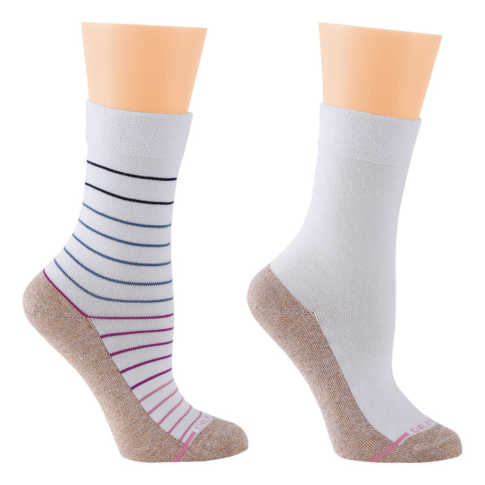 Two pairs of women's diabetic socks, one with blue and black stripes and the other in solid white with a beige heel.
