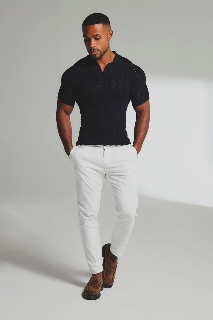 Pointelle Knitted Open Collar Polo Shirt in Black - TAILORED ATHLETE - USA