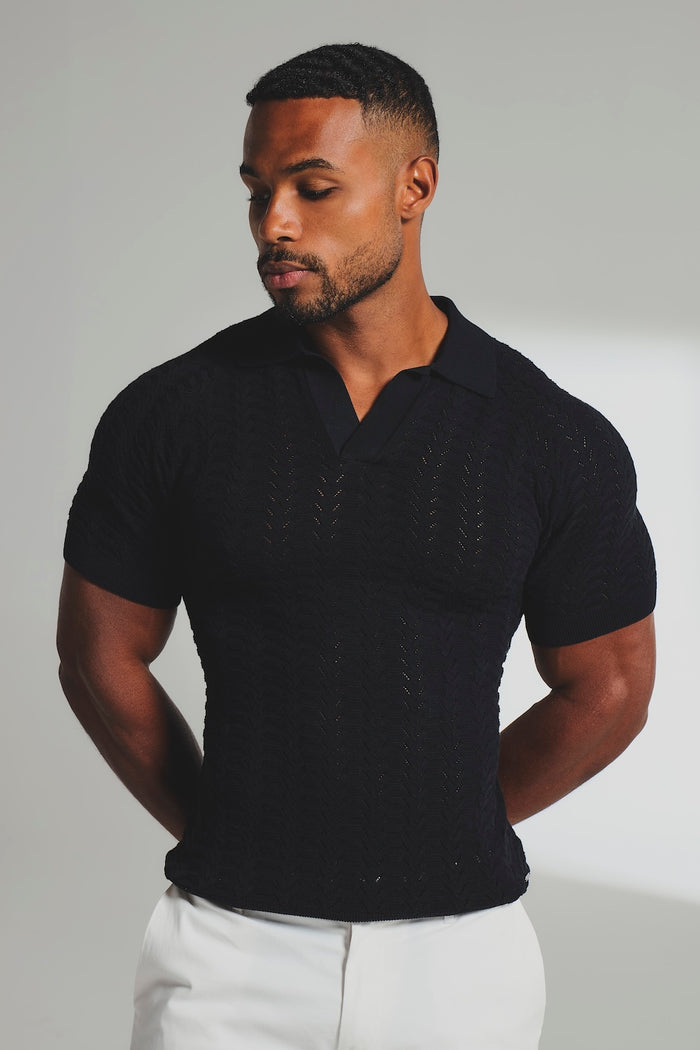 Pointelle Knitted Open Collar Polo Shirt in Black - TAILORED ATHLETE - USA