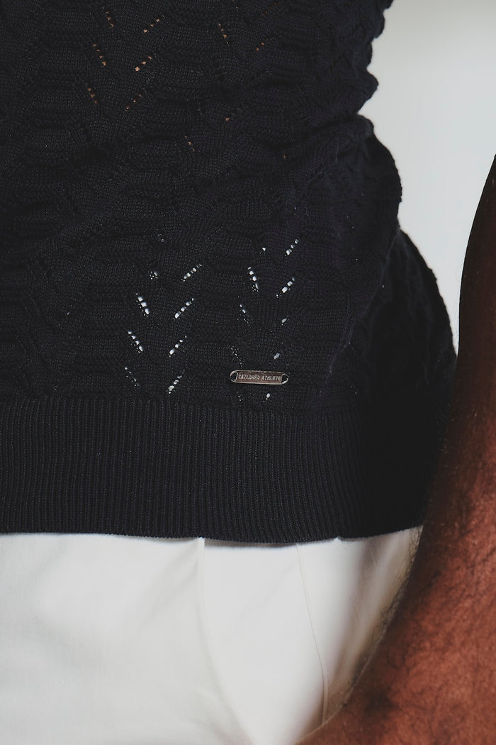 Pointelle Knitted Open Collar Polo Shirt in Black - TAILORED ATHLETE - USA