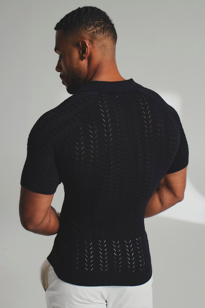 Pointelle Knitted Open Collar Polo Shirt in Black - TAILORED ATHLETE - USA