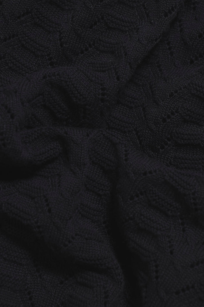 Pointelle Knitted Open Collar Polo Shirt in Black - TAILORED ATHLETE - USA