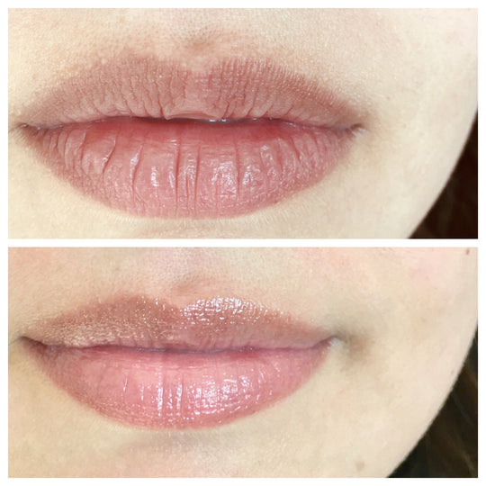 Close-up comparison of lips before and after applying PREMIUM LIP BALM | LipSmart, showing visibly smoother and more hydrated lips with enhanced natural shine.