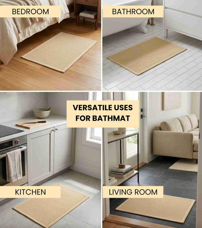 Beige anti-skid bath mat shown on bedroom, bathroom, kitchen, and living room floors