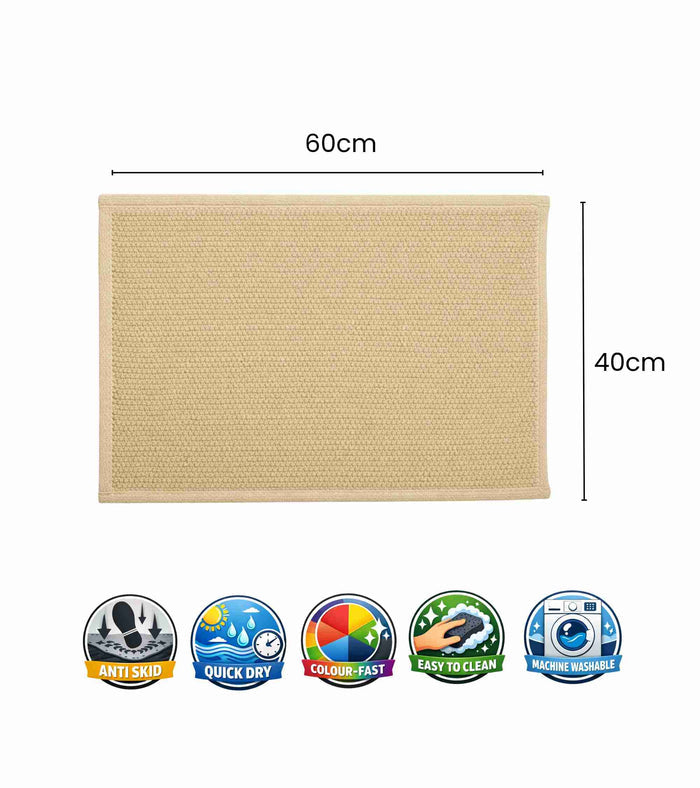 Beige bath mat dimensions: 60 cm by 40 cm, stitched rectangular edges