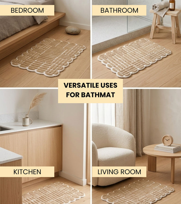 Beige bath mat with scalloped loop grid design for bedroom and bathroom floors.