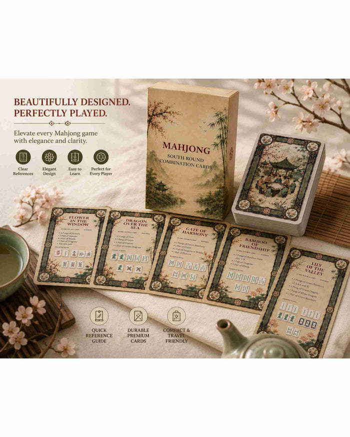 Mahjong reference card set with box and several illustrated scoring cards