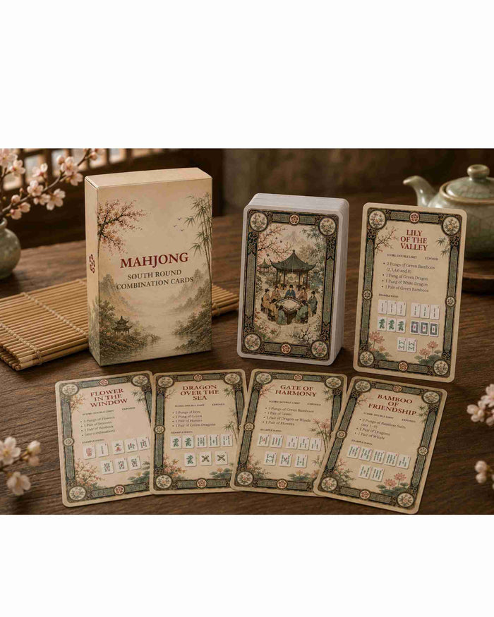 Mahjong reference card deck with box and multiple illustrated card faces