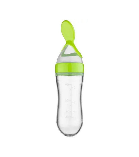 Green silicone weaning bottle with LSR spoon and translucent 120ml reservoir