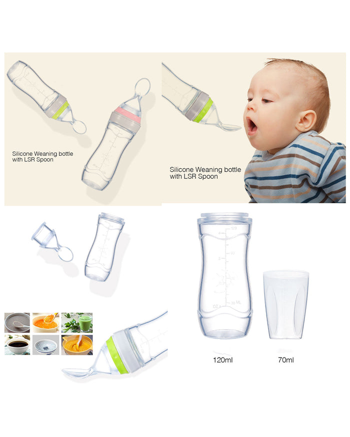Green silicone weaning bottle with LSR spoon, showing 120ml bottle and cup parts