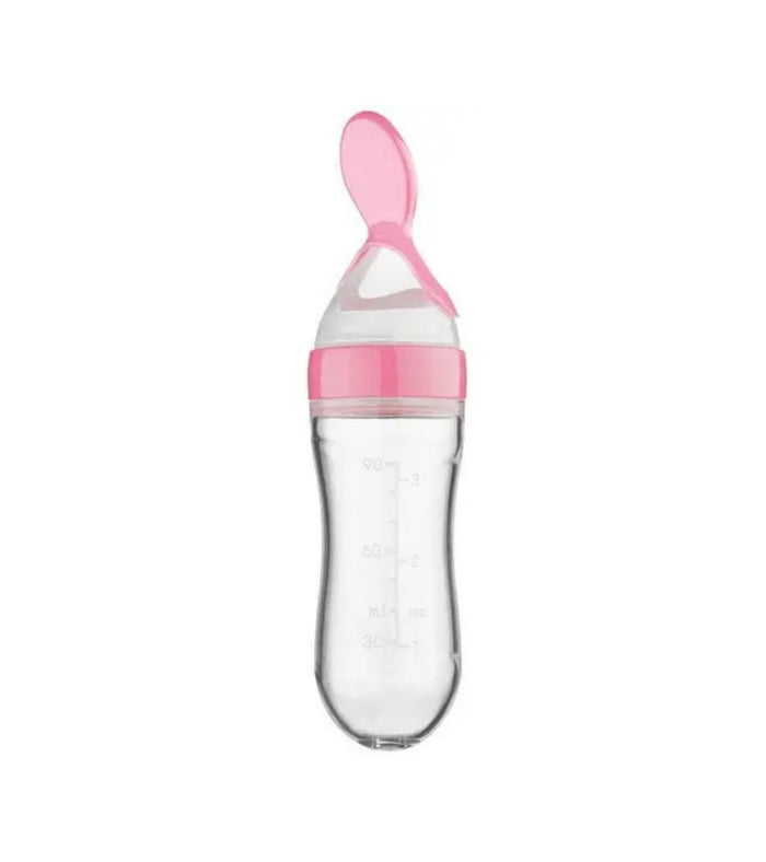 Pink silicone weaning bottle with LSR spoon, 120 ml baby feeder
