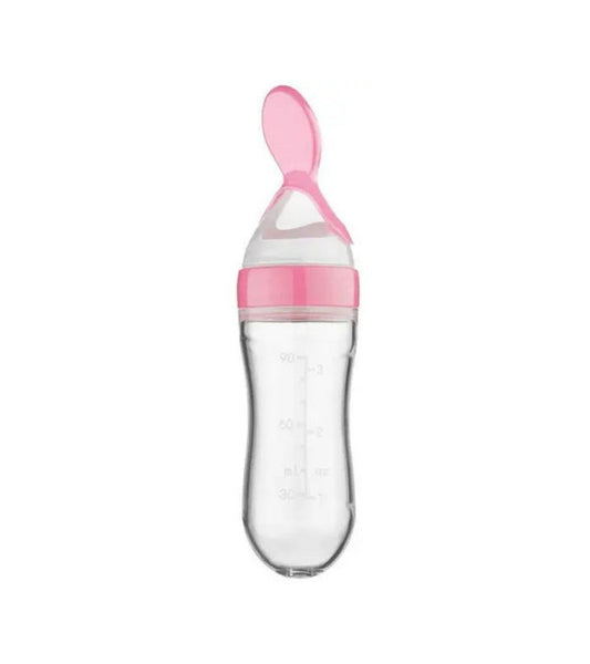 Pink silicone weaning bottle with LSR spoon, 120 ml baby feeder