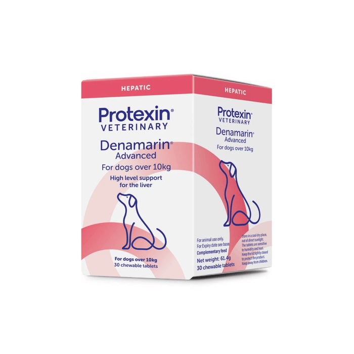 A box of Protexin Veterinary Denamarin Advanced hepatic supplement for dogs over 10kg, shown on a clean white background.