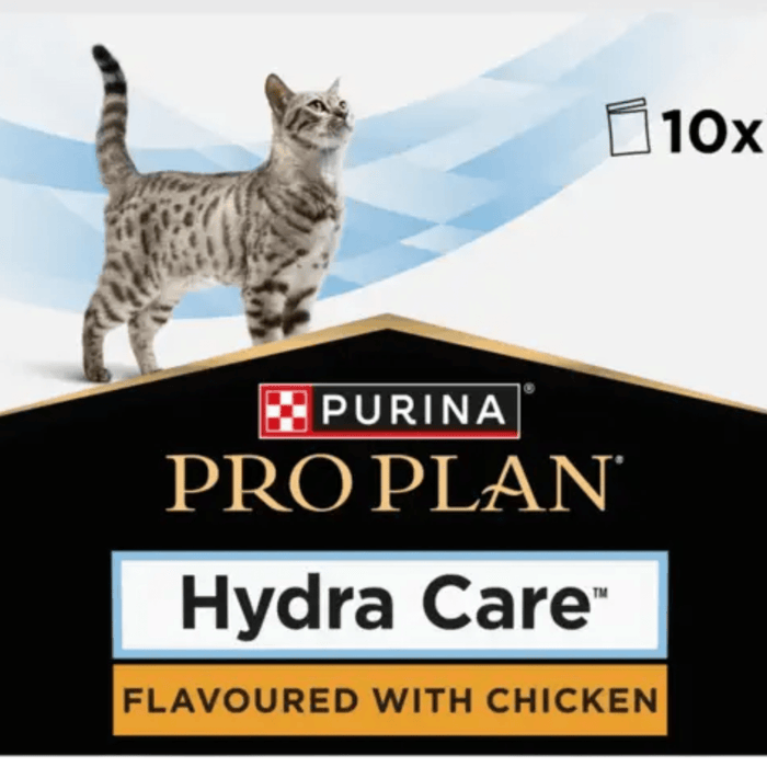 A close up of a box of Purina Pro Plan Hydra Care flavoured with Chicken cat food packaging, featuring a grey tabby cat on a white and black box with blue accents.