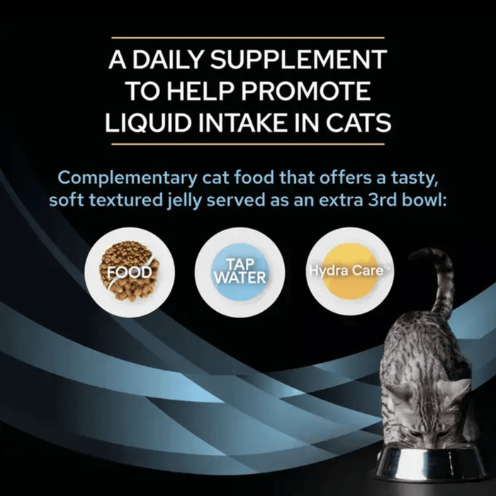 Advertisement for Pro Plan HydraCare supplement for cats to promote liquid intake, featuring a cat and text on a dark background.