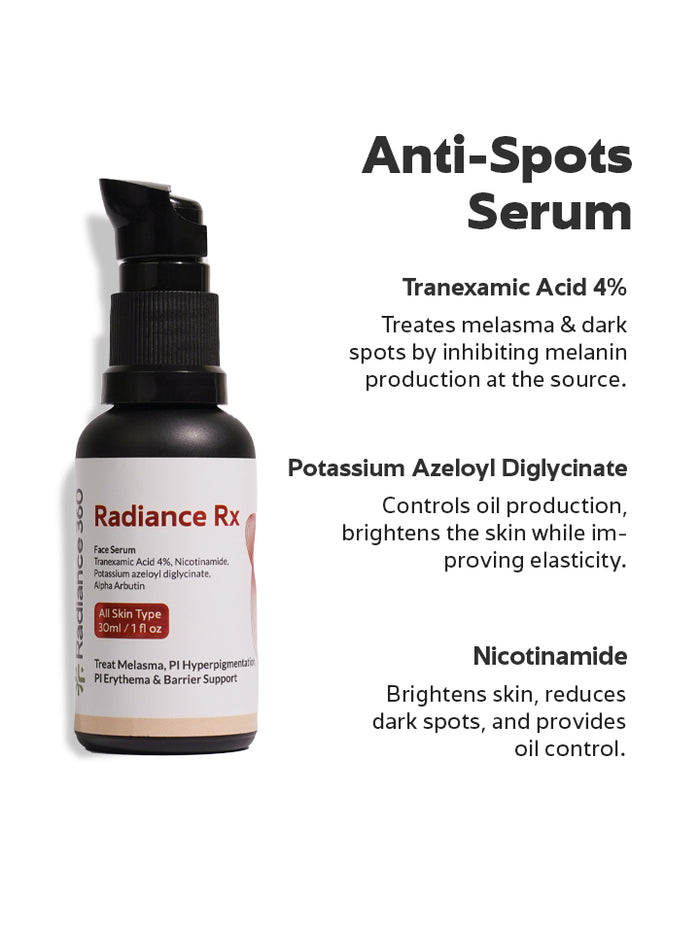 Radiance Rx Anti-Spots Serum bottle with product details on a white background