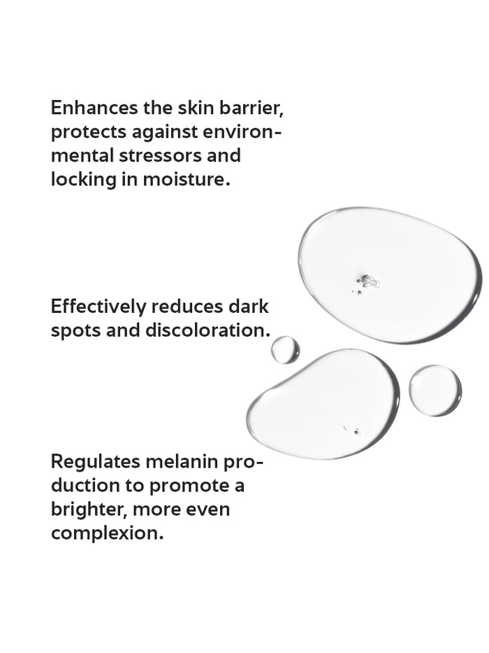 Text describing skincare benefits with droplets on a white background