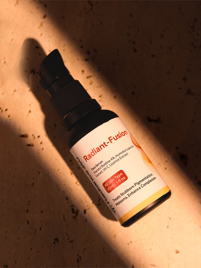 Radiant Fusion skincare bottle on a textured surface