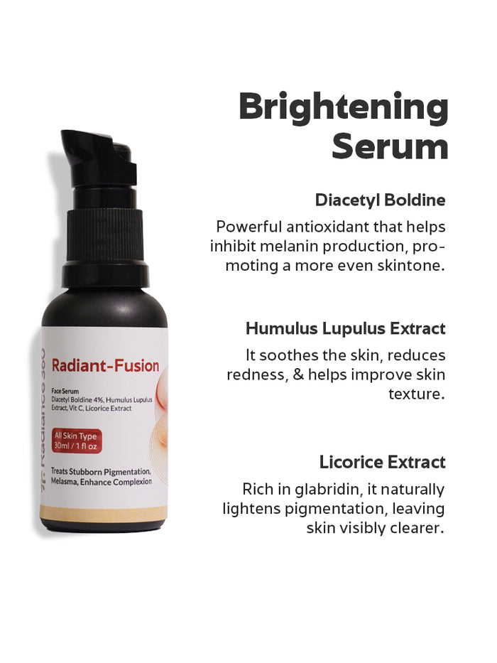 Radiant-Fusion brightening serum with ingredients listed on a white background