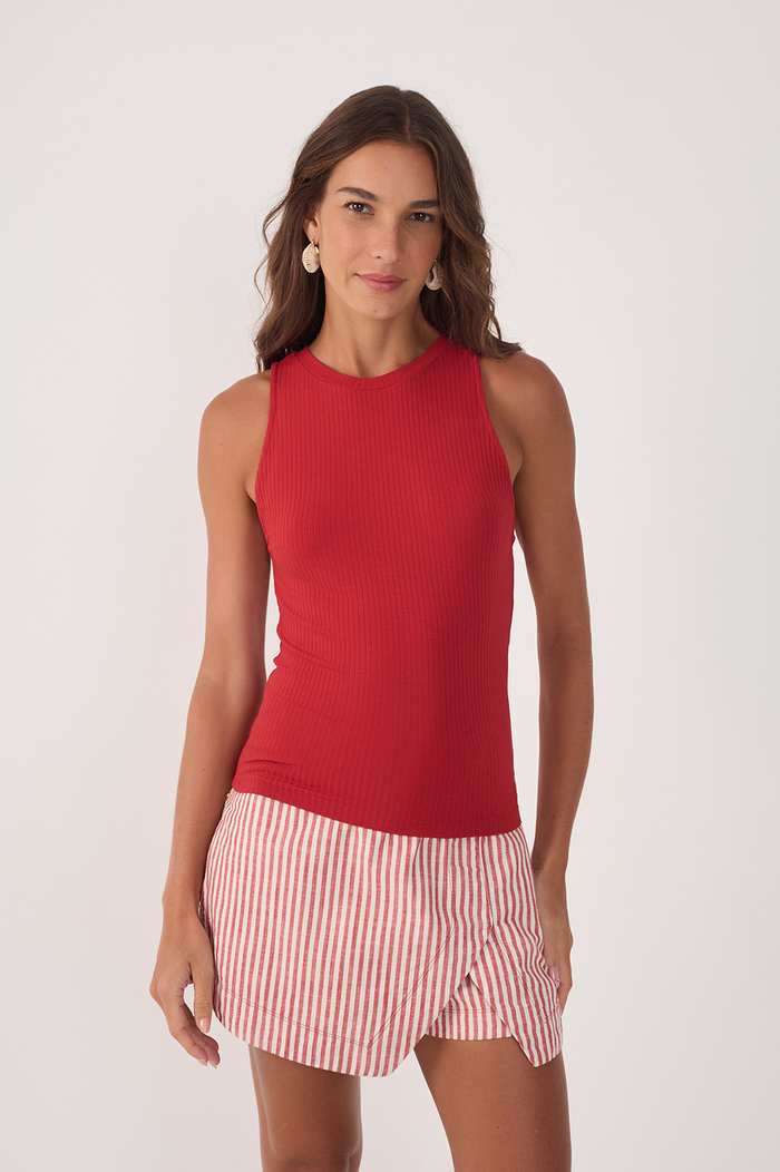 Red Crew Neck Sleeveless Ribbed Tank Top_5