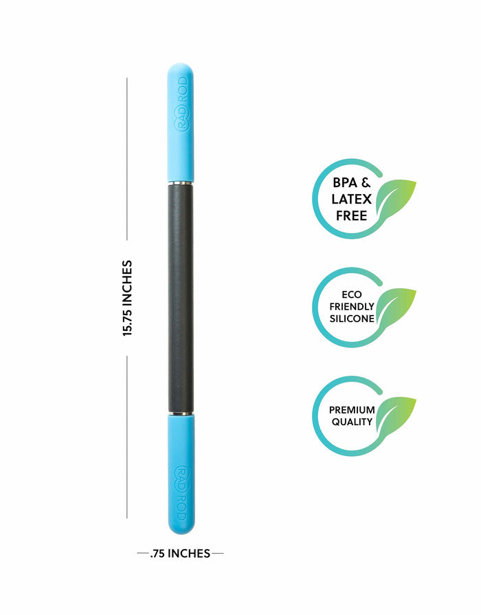 Rod Mini | RAD wellness tool in blue and black with eco-friendly silicone, BPA and latex free, measuring 15.75 inches long and 0.75 inches wide, highlighting premium quality materials.
