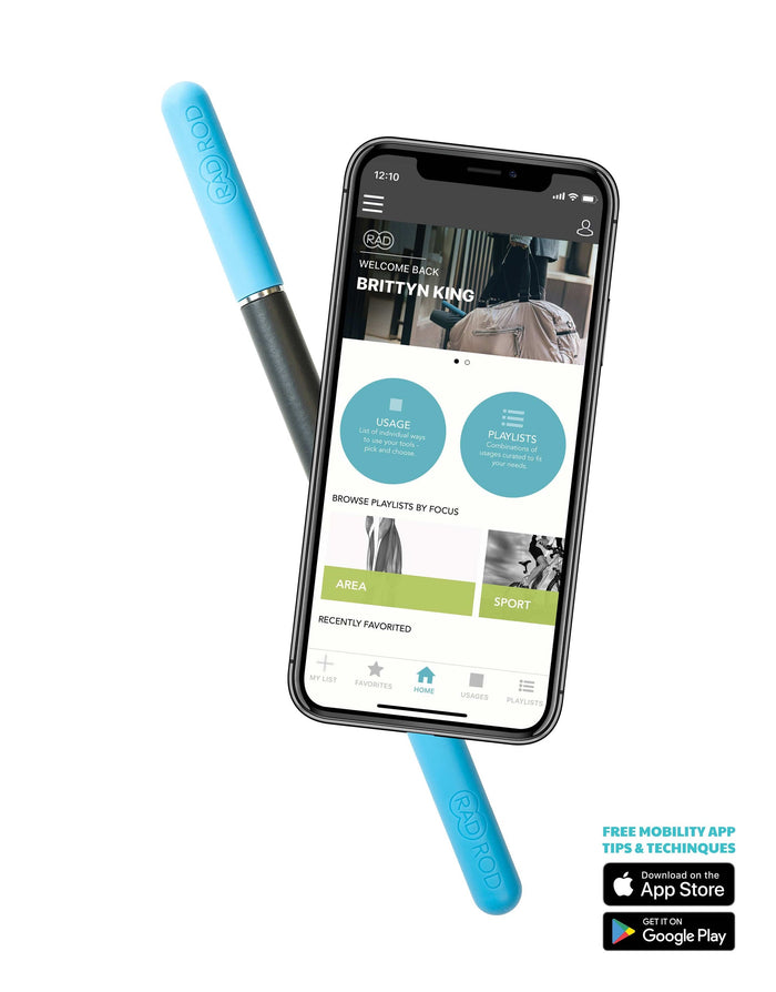 Rod Mini | RAD device in blue with a smartphone displaying the free mobility app interface offering tips, techniques, and guided playlists for wellness and recovery.
