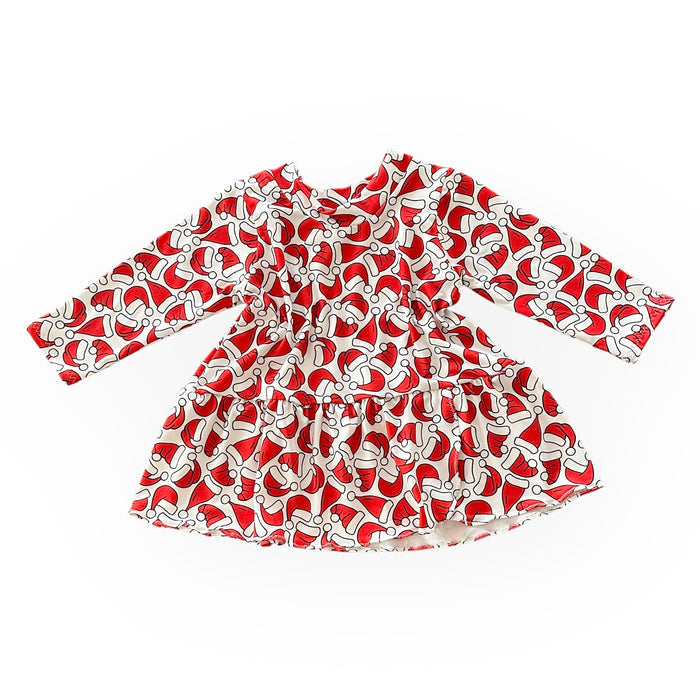 Red and white Santa hat print dress with long sleeves and a twirly skirt.