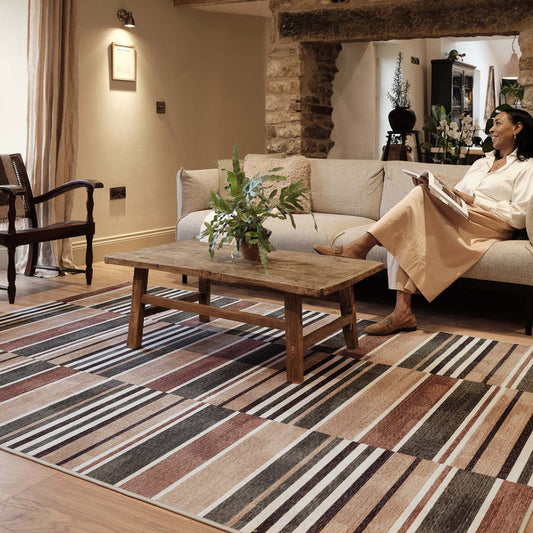 Savannah Stripe Natural Eco-Washable Rug- 100% recycled content rug featuring a geometric pattern.