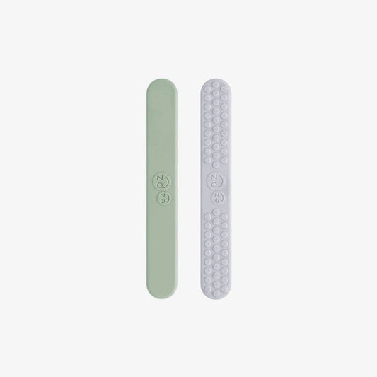 ezpz sensory tongue depressor in sage green and pewter gray / silicone tongue depressor for babies #color_sage-pewter