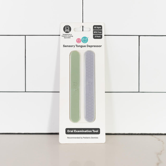 ezpz sensory tongue depressor in sage green and pewter gray / silicone tongue depressor for babies #color_sage-pewter