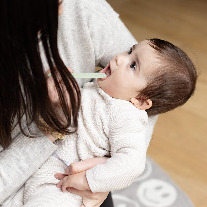 ezpz sensory tongue depressor in sage green and pewter gray / silicone tongue depressor for babies #color_sage-pewter