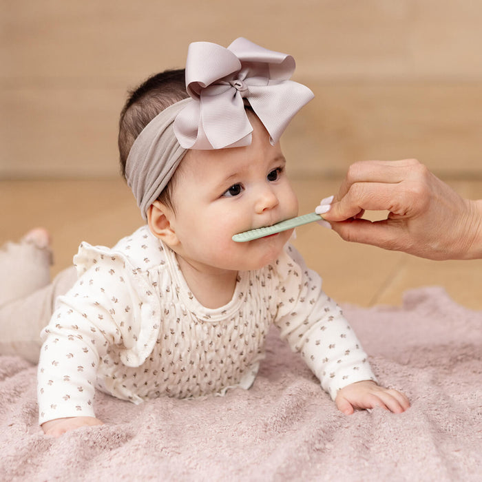 ezpz sensory tongue depressor in sage green and pewter gray / silicone tongue depressor for babies #color_sage-pewter