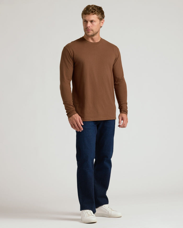 Sepiawood Classic Long Sleeve Crew Neck worn by a casually dressed man.