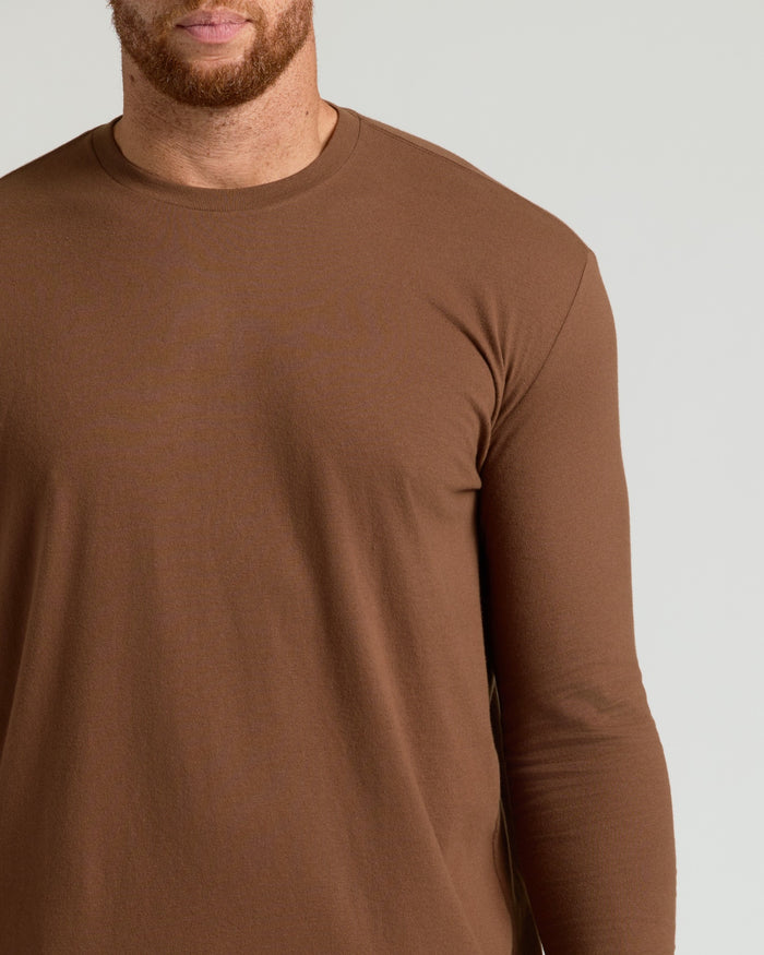 Sepiawood Tall Long Sleeve T-Shirt on model's upper torso.