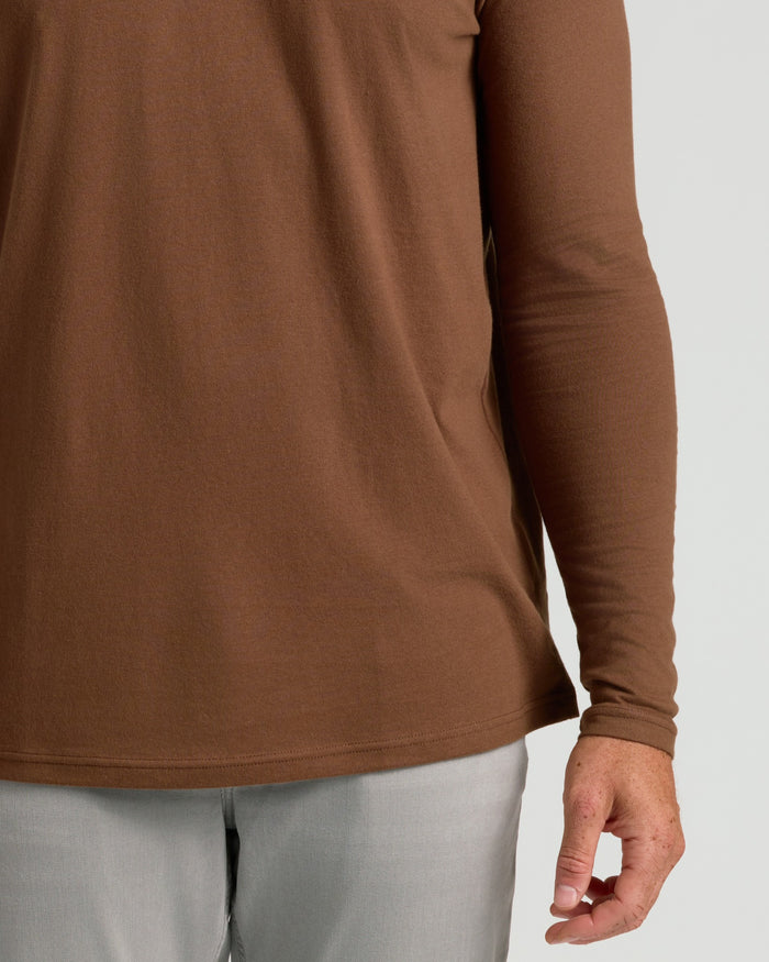 Sepiawood Tall Long Sleeve T Shirt on model's midsection.