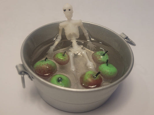 Skeleton Bobbing for Apples in Galvanized Tub