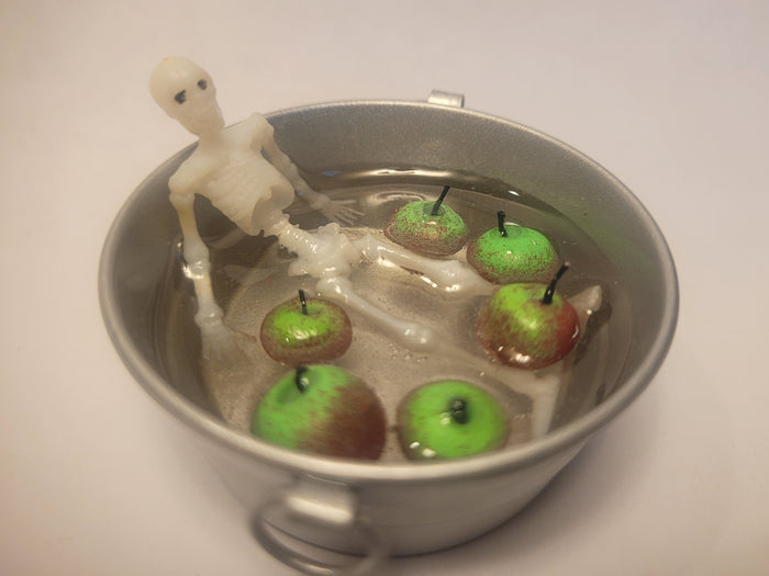 Skeleton Bobbing for Apples in Galvanized Tub