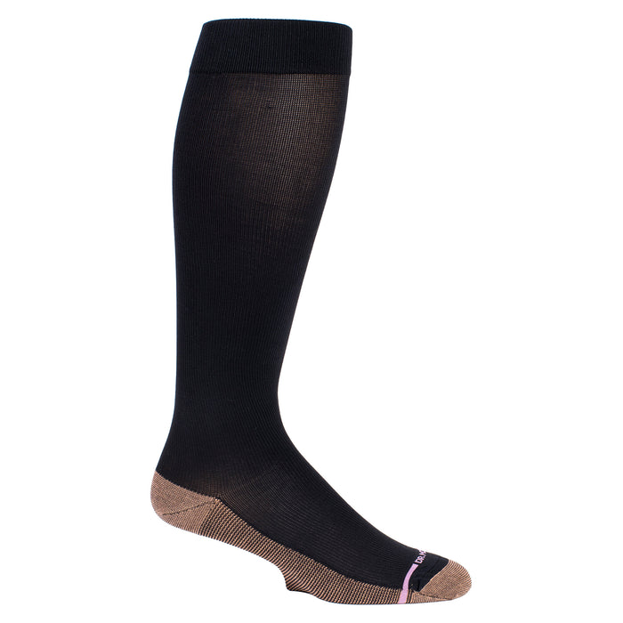 Knee-high black compression sock with a solid design and a contrasting toe area.