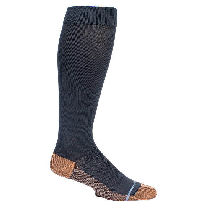 Knee-high compression sock in dark blue with copper-infused fabric and a reinforced toe and heel.