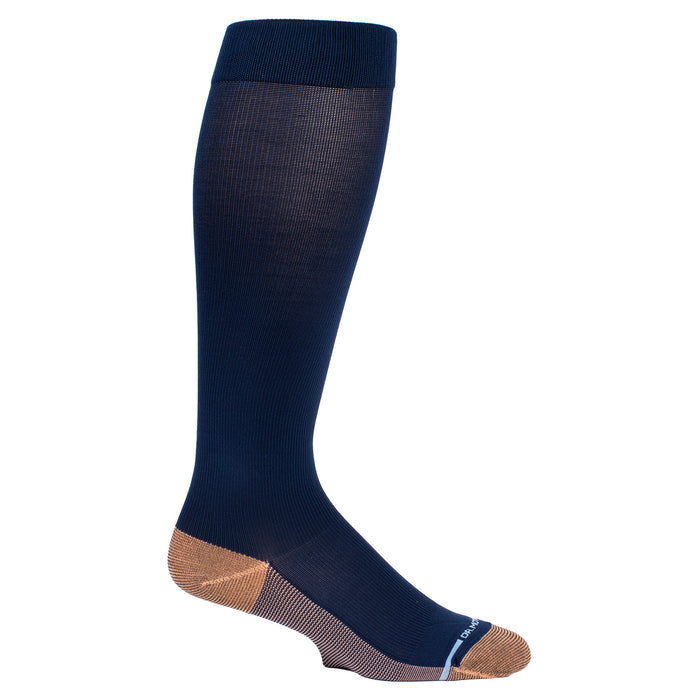 Navy knee-high compression sock with copper infusion and a reinforced toe.