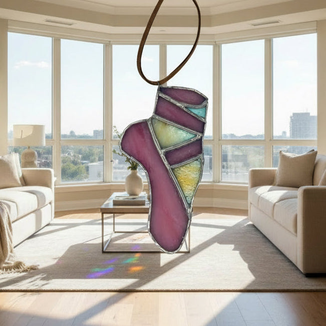 Stained glass ballet flat pendant with pink and cream colours. Odawa Studios
